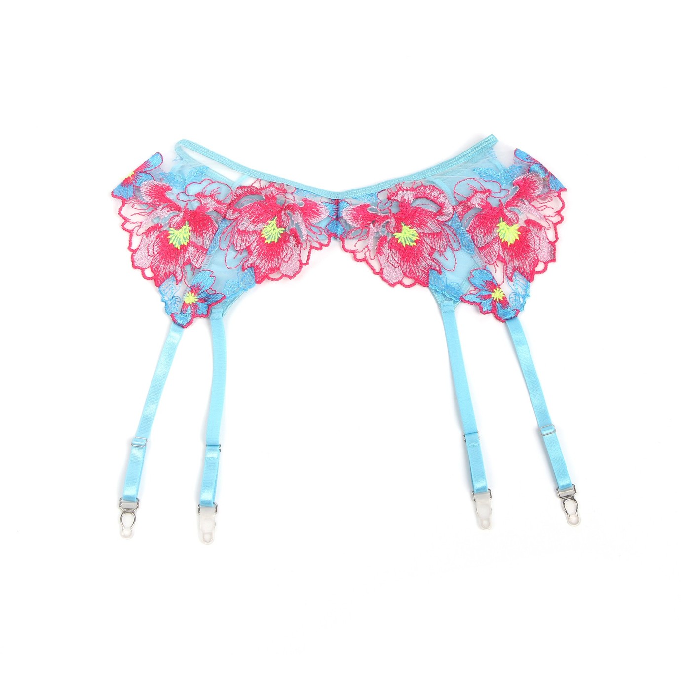 Blue Sexy Mesh Embossed Floral Bra Set with Garter Belt