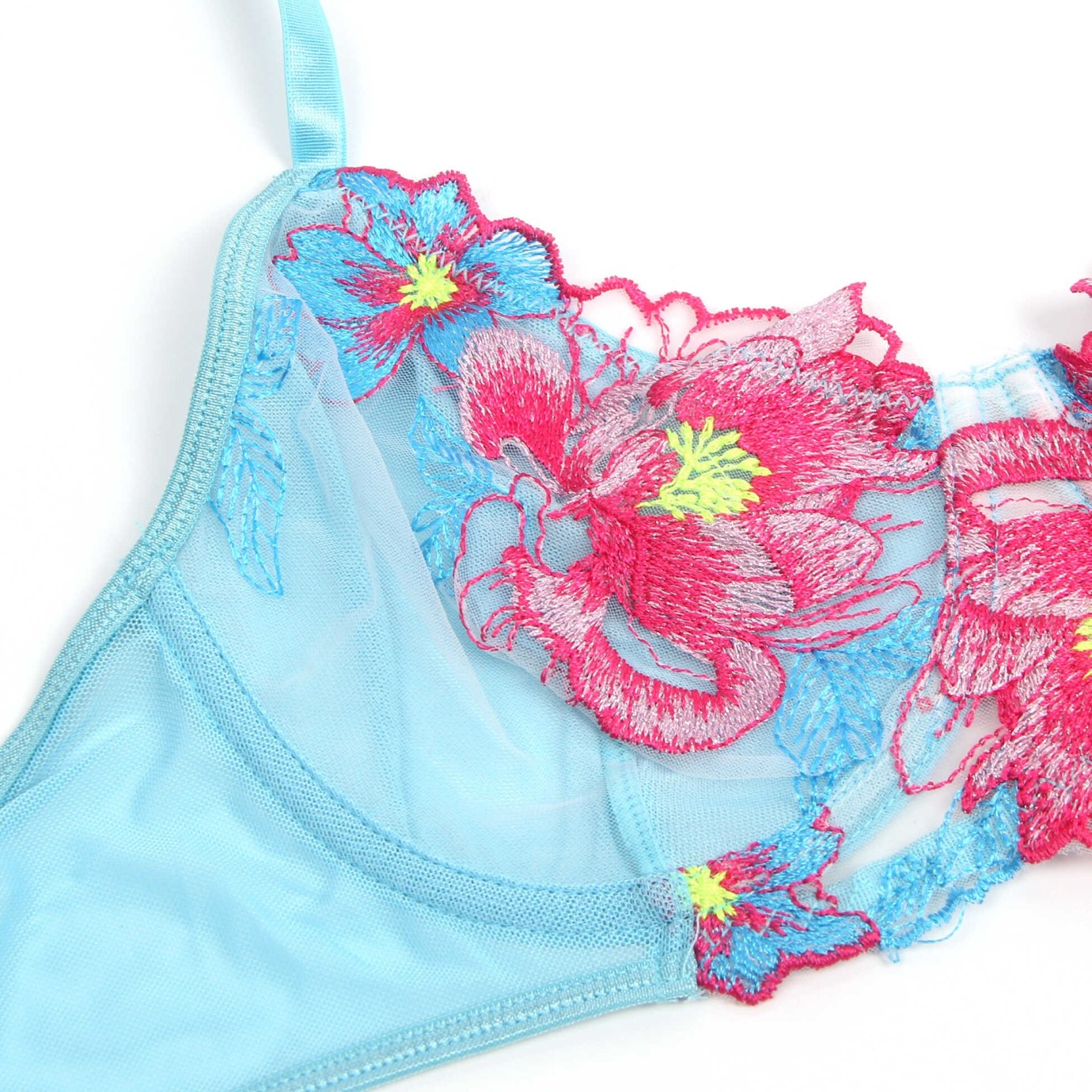 Blue Sexy Mesh Embossed Floral Bra Set with Garter Belt