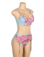 Blue Sexy Mesh Embossed Floral Bra Set with Garter Belt