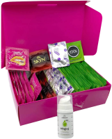 Bordázott óvszerkészlet – Stimulation pack (72 db) + SE melegítő síkosító gél 15 ml + szilikon bilincs Handcuffs