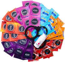 Ízesített óvszerkészlet – Tasty pack (72 db) + SE málnás síkosító gél 15 ml + szilikon bilincs Handcuffs