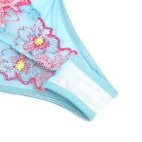Blue Sexy Mesh Embossed Floral Bra Set with Garter Belt
