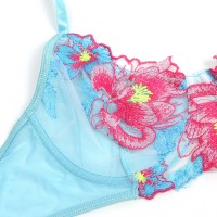 Blue Sexy Mesh Embossed Floral Bra Set with Garter Belt